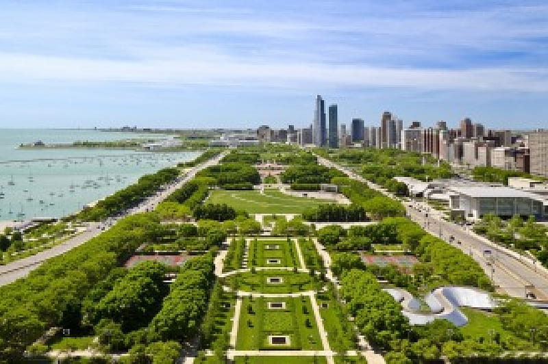 *** Chicago-USA ***, architecture, city, buildings, park, blue sky, trees, lake, HD wallpaper