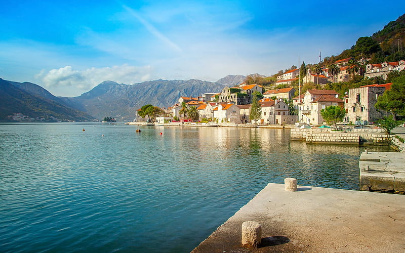 Perast, Kotor bay, summer, bay, coast, mountain, Montenegro, Adriatic Sea, HD wallpaper