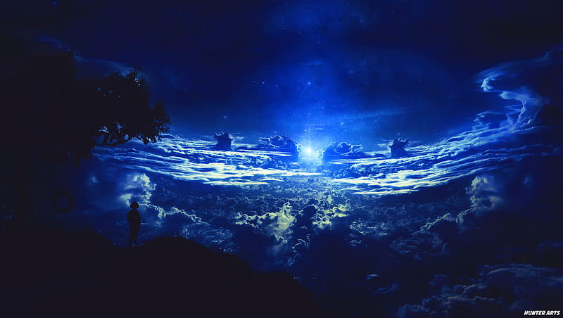 Anime Original Original (Anime) Space Sunrise Planet Sunbeam Cloud Sky  Stars Blue Black Tree Wallpaper | Fantasy landscape, Background images,  Landscape