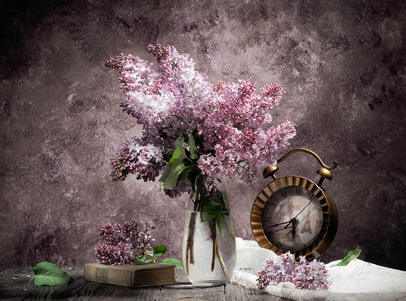 graphy, Still Life, Book, Bouquet, Clock, Lilac, HD wallpaper