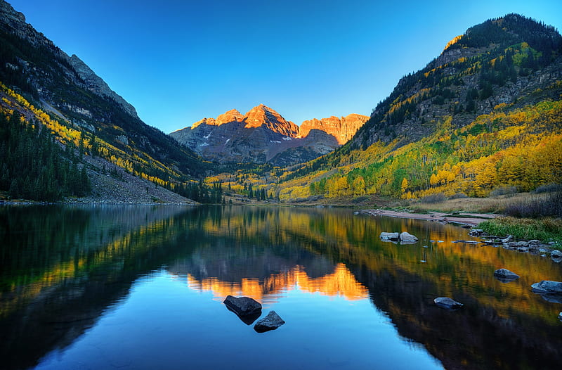 Maroon Bells Morning Ultra, Nature, Lakes, Travel, Autumn, Mountains, Fall, Colorado, Peaks, Best, united states, places, Maroon bells, destinations, Elk Mountains, Maroon Peak, North Maroon Peaks, Maroon Lake, HD wallpaper
