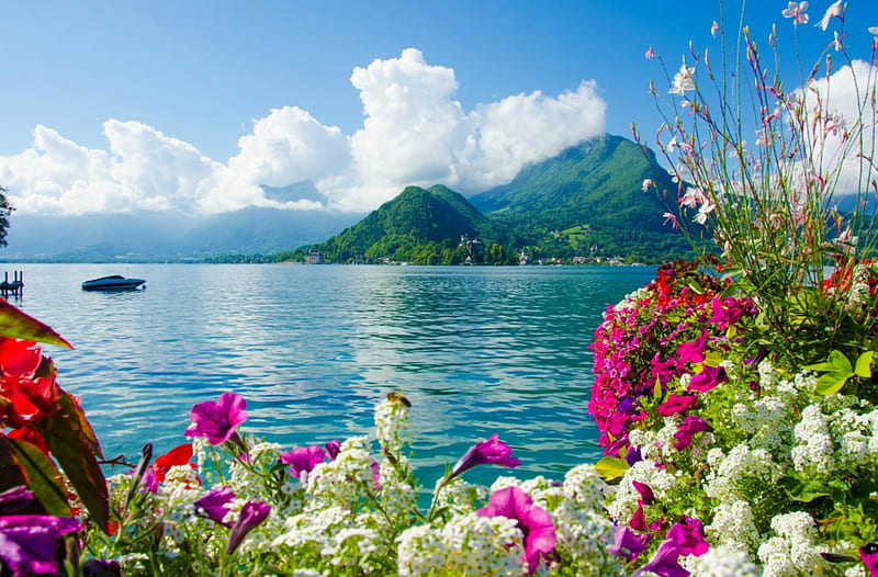 Lake Annecy~France, Annecy, pier, France, clouds, lake, boat, water, mountains, Lake Annecy, flowers, HD wallpaper