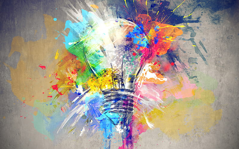 idea concepts grunge art, light bulb with paint splashes, different ideas, artwork, idea, HD wallpaper