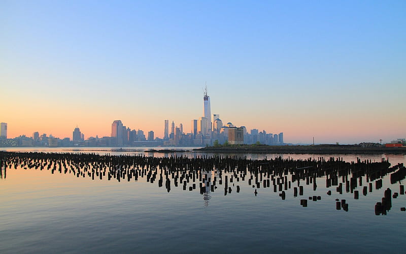 view of nyc from new jersey at sunset, pillars, city, view, sunset, bay, skyscrapers, HD wallpaper