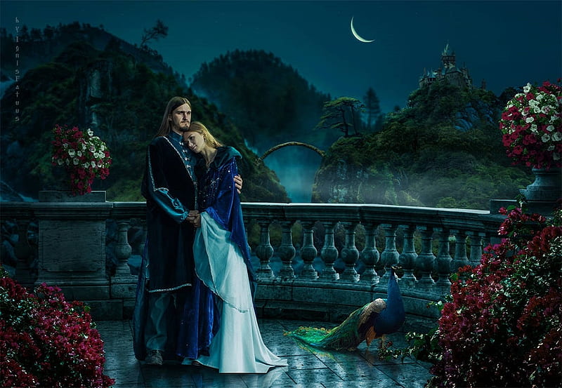 Moonlight ❤, sky, couple, balcony, peacock, trees, fantasy, moon, love, mountains, beauty, moonlight, flowers, HD wallpaper