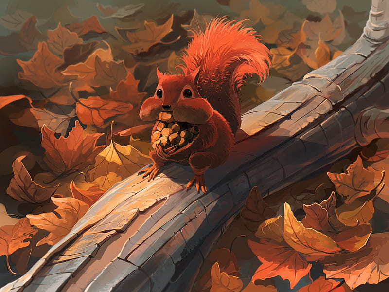 squirrel, nuts, food, foliage, autumn, HD wallpaper