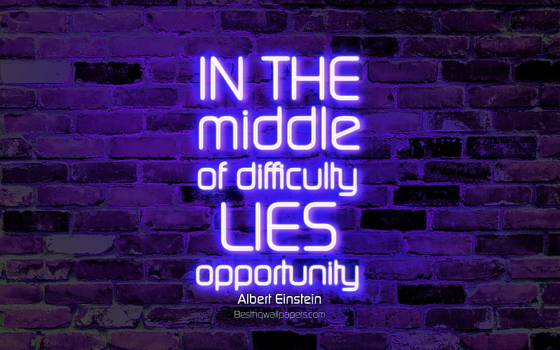 In the middle of difficulty lies opportunity violet brick wall, Albert Einstein Quotes, neon text, inspiration, Albert Einstein, quotes about opportunities, HD wallpaper