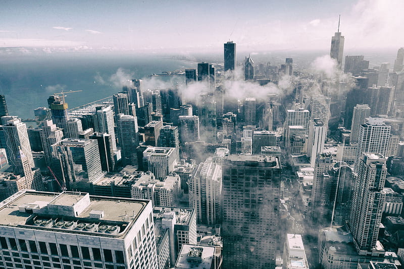 Aerial View Of Buildings Smoke Fog Monochrome, buildings, monochrome, black-and-white, smoke, fog, graphy, HD wallpaper