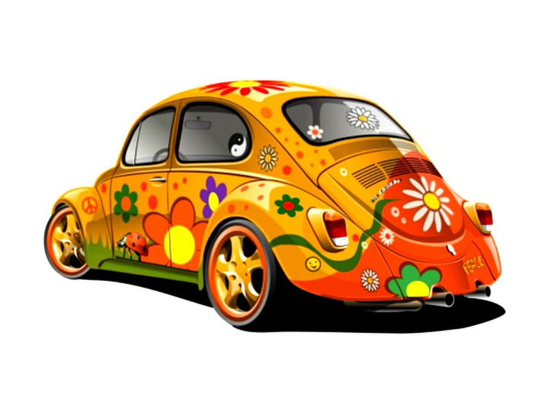 Beetle, cute, vw, car, flower, peace, HD wallpaper