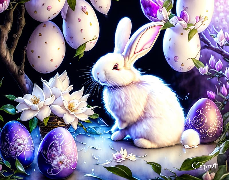 Easter bunny, egg, white, by cehenot, art, cute, magnolia, spring, cehenot, purple, bunny, painting, fantasy, sakura, pictura, easter, rabbit, flower, HD wallpaper