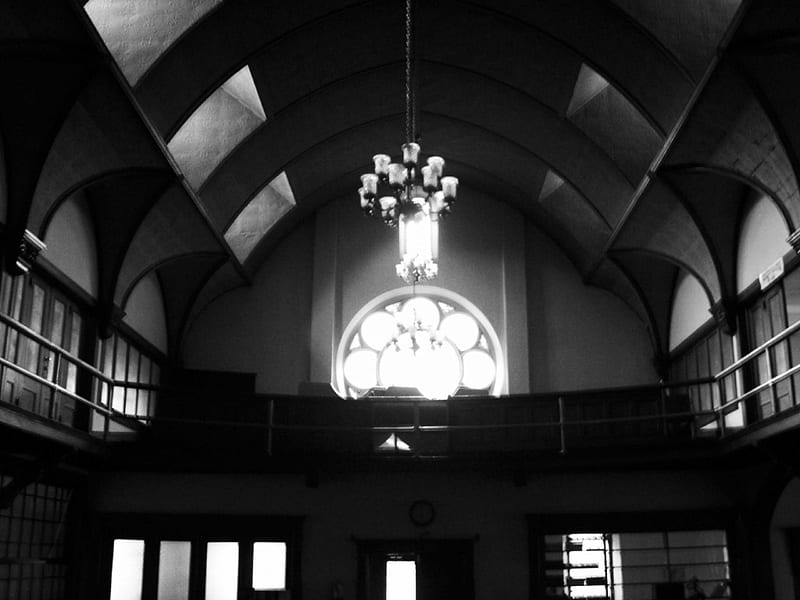 The Atrium, glass, window, rosary, atrium, balcony, black and white, stained, church, HD wallpaper