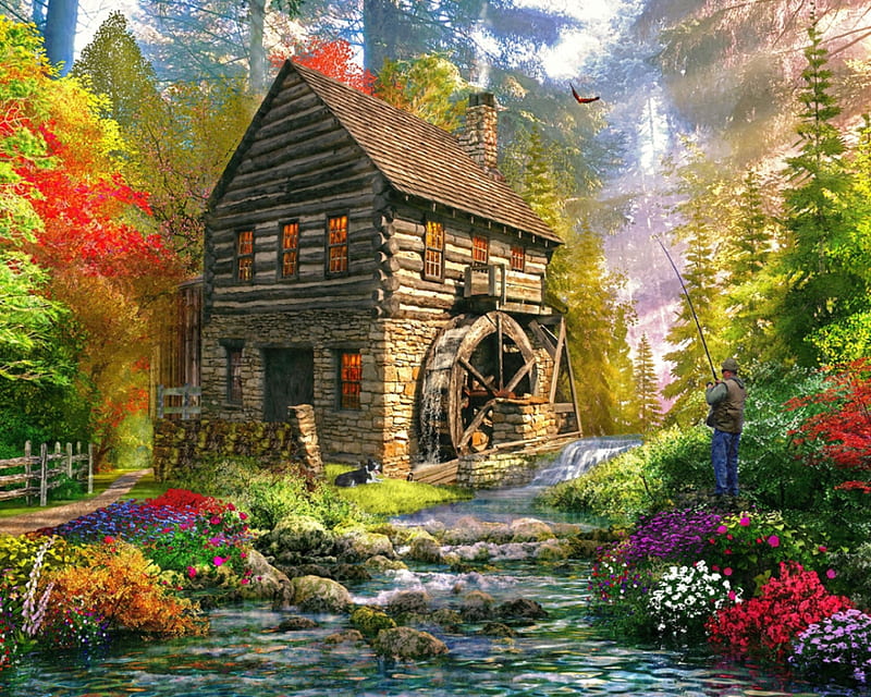 mill, cottage, painting, arturo zarraga, man, fisher, art, watermill, water, flower, pictura, HD wallpaper