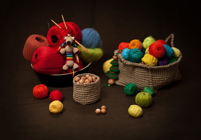 baskets, colorful, thread, handmade, doll, HD wallpaper