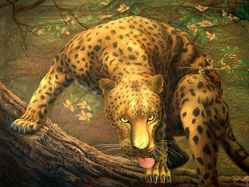 'Leopard Sees Prey', leopard, draw and paint, lovely, tigers, colors, love four seasons, bonito, creative pre-made, wilds, paintings, wildlife, great, forests, prey, traditional art, animals, HD wallpaper