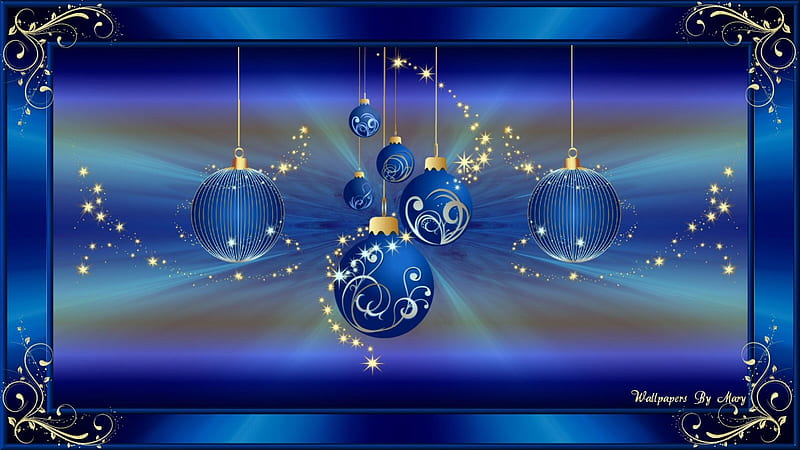 Blue Glow For Christmas 1600x900, ornaments, gold, holidays, christmas, blue, HD wallpaper