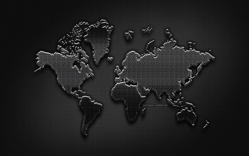 Black metal World Map, creative, metal grid background, World Map Concept, metal grid world map, artwork, World Maps, HD wallpaper