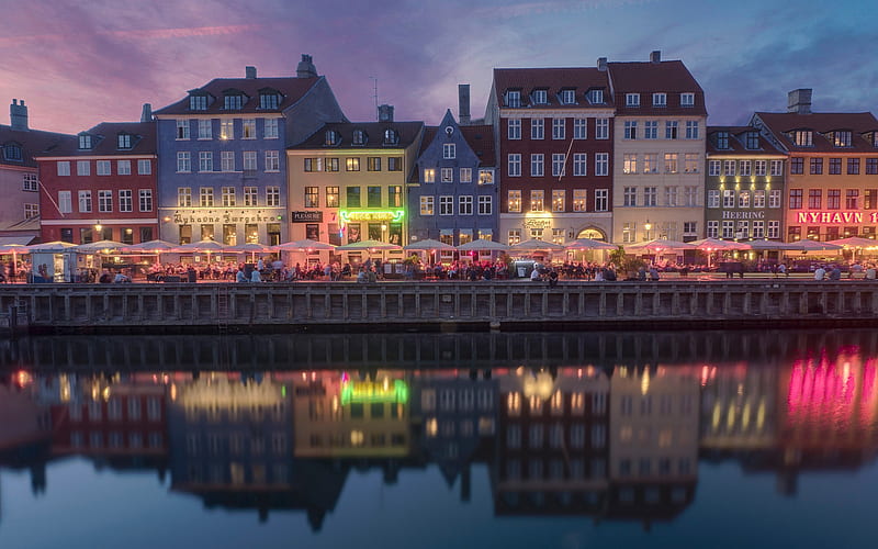Copenhagen, New Harbour, evening, sunset, tourism, cafe, beautiful houses, Denmark, HD wallpaper