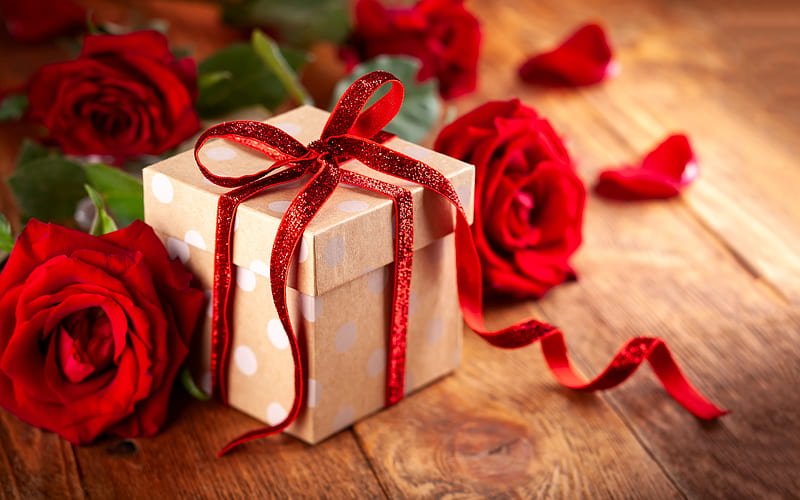 Valentines day, gift, red silk bow, red roses, romance, February 14, red silk ribbon, HD wallpaper