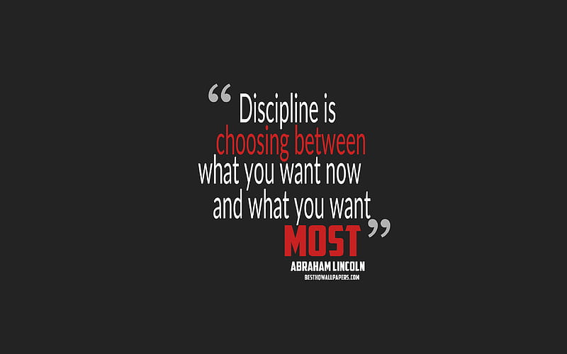 Discipline is choosing between what you want now and what you want most, Abraham Lincoln quotes, minimalism, quotes about discipline, motivation, gray background, popular quotes, HD wallpaper