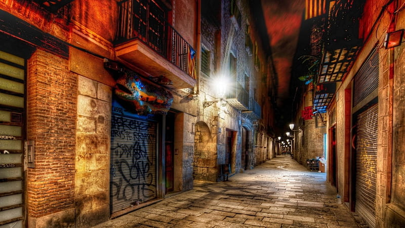 beautiful alleyway in barcelona at night r, balconies, stones, r, alley, lights, stores, night, HD wallpaper