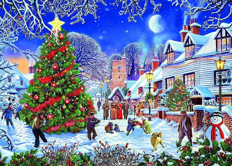 Christmas Tree, ornaments, christmas, holly, church, snowman, winter, tree, moon, caroling, snow, berries, star, HD wallpaper
