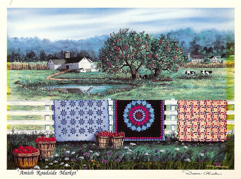 country quilts, fence, baskets, house, apples, trees, cows, HD wallpaper