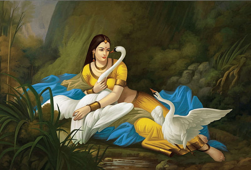 Princess and swans, yellow, lebada, princess, white, blue, babu kuttan, luminos, swan, fantasy, girl, bird, pasari, HD wallpaper