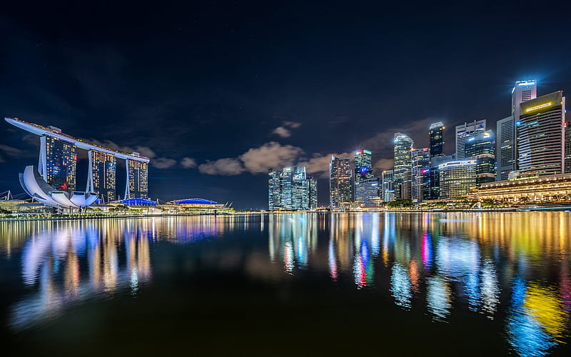 Singapore, Marina Bay, night, bay, skyscrapers, cityscape, Marina Bay Sands, hotel, HD wallpaper