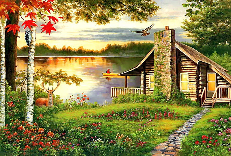 Misty lake cottage, autumn, house, shore, grass, cottage, cabin, deer, fog, animal, leaves, boat, painting, flowers, reflection, art, quiet, calmness, trees, mist, fisherman, lake, serenity, peaceful, walk, HD wallpaper