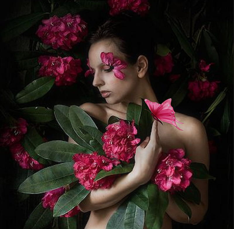 Woman Among The Flowers, bold, vibrant, flowers, bright, colorful, vivid, Kirsty Mitchell, etheral women, hot pink, butterfly, HD wallpaper