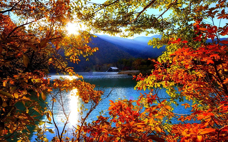 PLEASANT VIEW, mountain, Nikko, sun, japan, rays, trees, lake, Tochigi ...