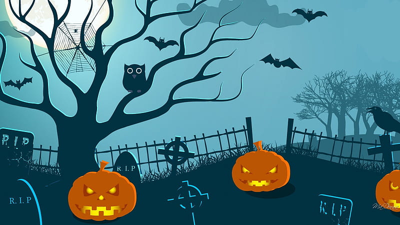 Owls Pumpkins Bats, All Hallows Eve, bats, cemetery, Ocotber, sky, owls, tree, graves, moon, gravestones, crosses, Halloween, jack-o-lanterns, HD wallpaper