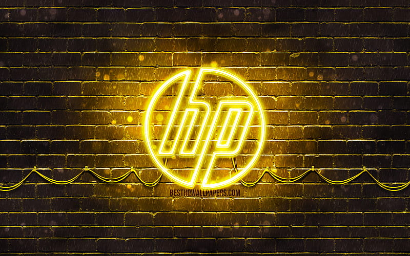 HP yellow logo yellow brickwall, Hewlett-Packard, HP logo, HP neon logo, HP, Hewlett-Packard logo, HD wallpaper