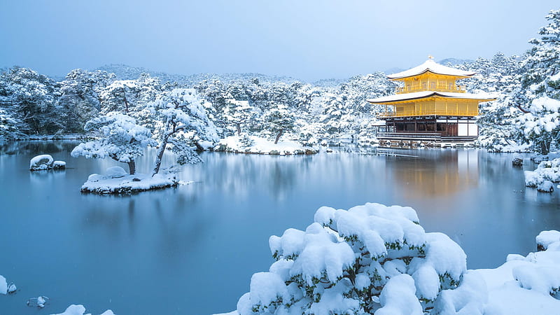 Temples, Kinkaku-ji, japan, Kyoto, Lake, Snow, Temple, Winter, HD wallpaper