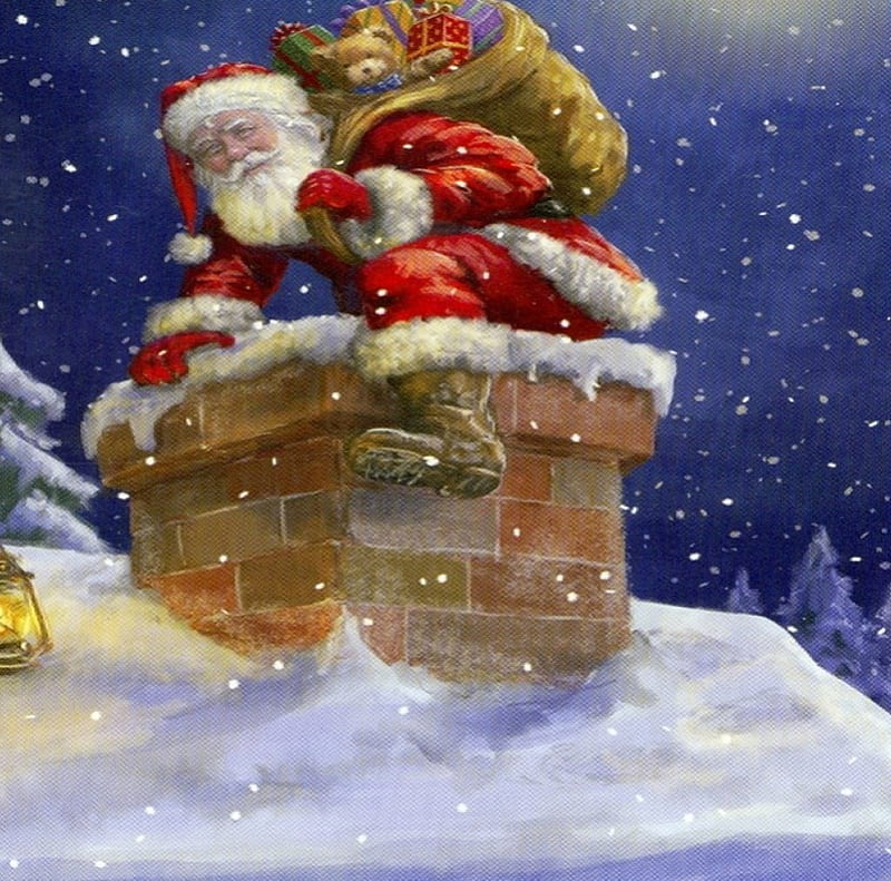 Santa claus, fireplace, peaceful, color, bonito, chimney, night, winter, HD wallpaper