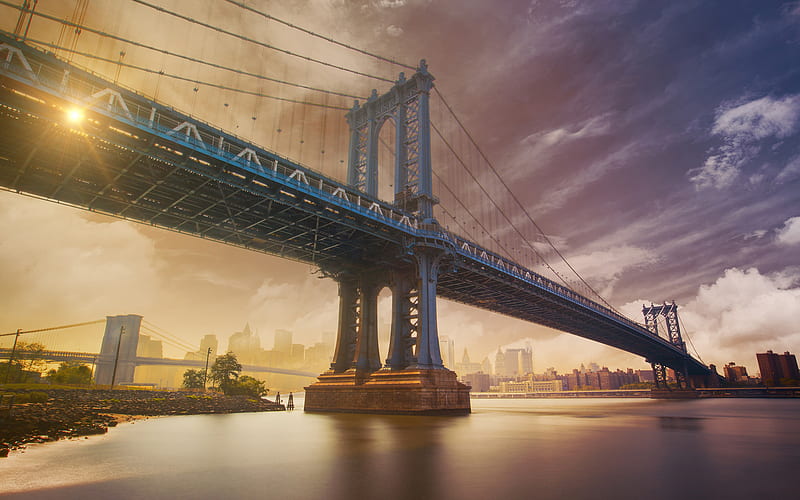 Manhattan Bridge, New York, sunset, bridge, USA, America, NYC, HD wallpaper