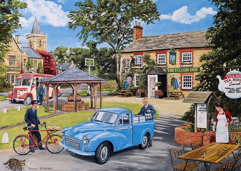 The Milkman's Round, restaurant, car, painting, postman, village, artwork, HD wallpaper
