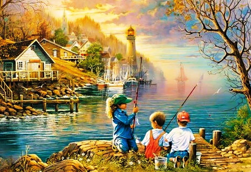 LETS GO FOR FISHING, art, house, pencil drawing, lake, lighthouse, paintings, splendor, nature, landscape, kids, HD wallpaper