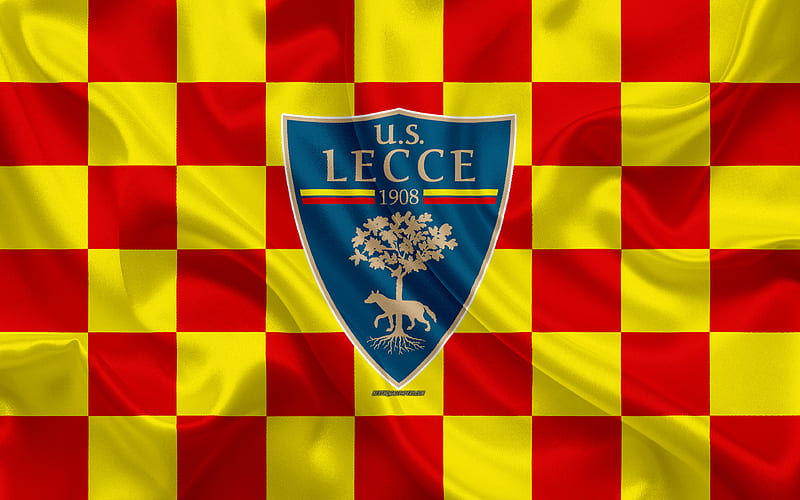 US Lecce logo, creative art, yellow red checkered flag, Italian football club, Serie B, emblem, silk texture, Lecce, Italy, football, Lecce FC, HD wallpaper