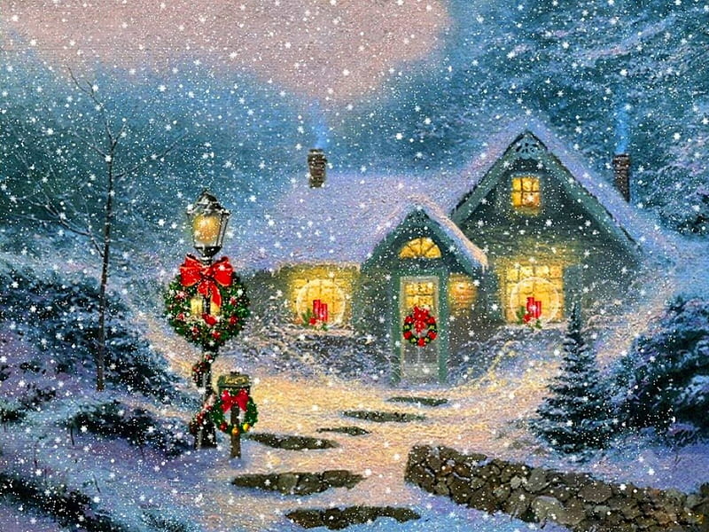 Christmas scenery, house, cottage, bonito, lights, cold, nice, evening ...