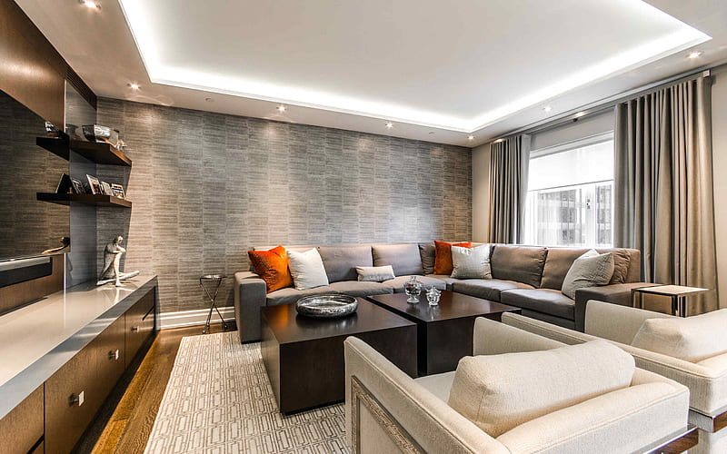 stylish living room interior, modern interior design, loft style, brick gray wall in the living room, HD wallpaper
