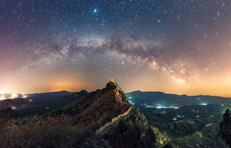 The Summer Triangle over the Great Wall, architecture, stars, monument, cool, space, fun, HD wallpaper