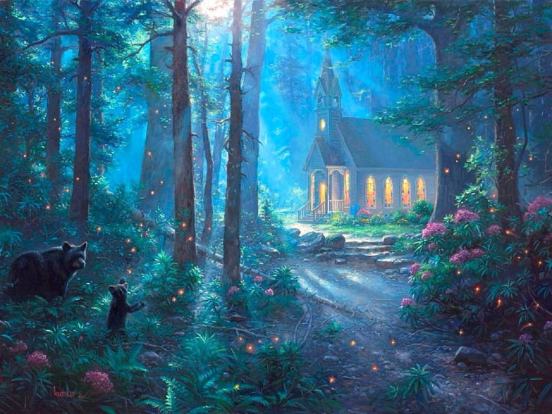 Chapel of Summer, blue dreams, love four seasons, attractions in dreams, trees, fireflies, paintings, churches, summer, flowers, nature, chapel, bears, HD wallpaper