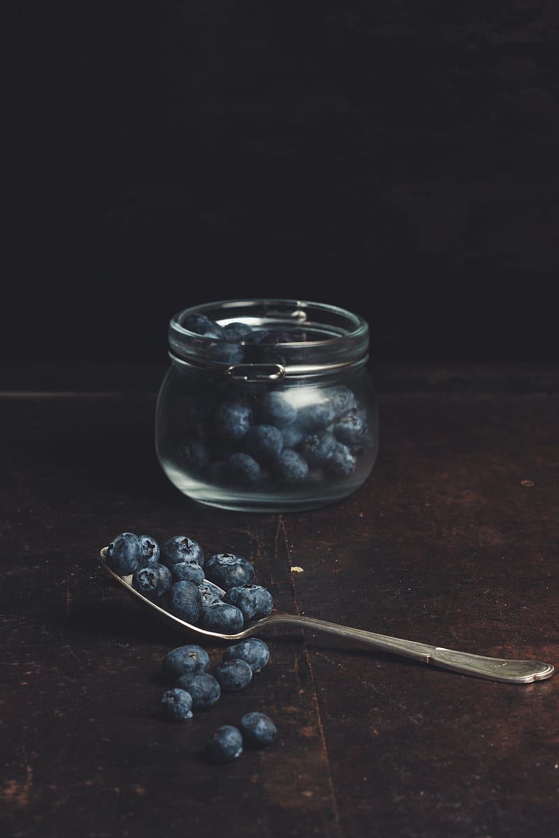 spoonful of blueberries from glass jar, HD phone wallpaper