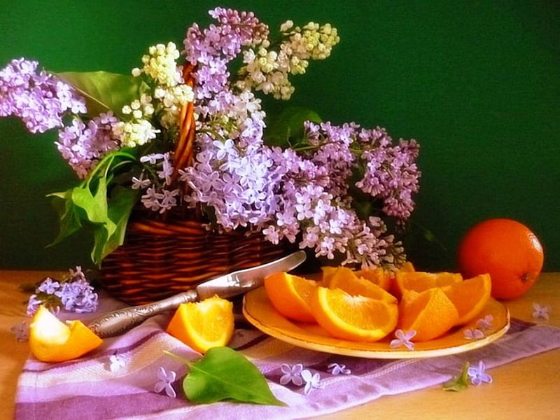 Lilac and orange, lilac, colorful, orange, bloom, fruits, still life, flowers, fruit basket, fresh, scent, spring, abstract, purple, taste, basket, plate, flavor, white, natural, HD wallpaper