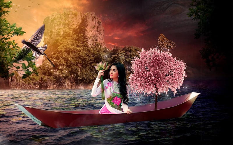 Floating Fantasy, dreamy, woman, Fantasy, digital art, Mountains, boat, Pink, water, tree, bird, oriental, flowers, HD wallpaper