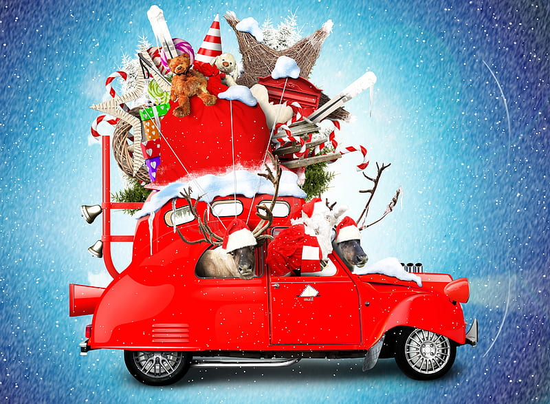 Modern Santa, red, craciun, christmas, creative, santa, fantasy, snow, crazy, car, funny, reindeer, blue, HD wallpaper