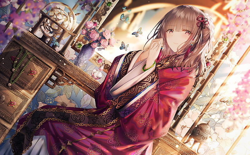 pretty anime girl, traditional outfit, chinese clothes, brown hair, butterflies, Anime, HD wallpaper