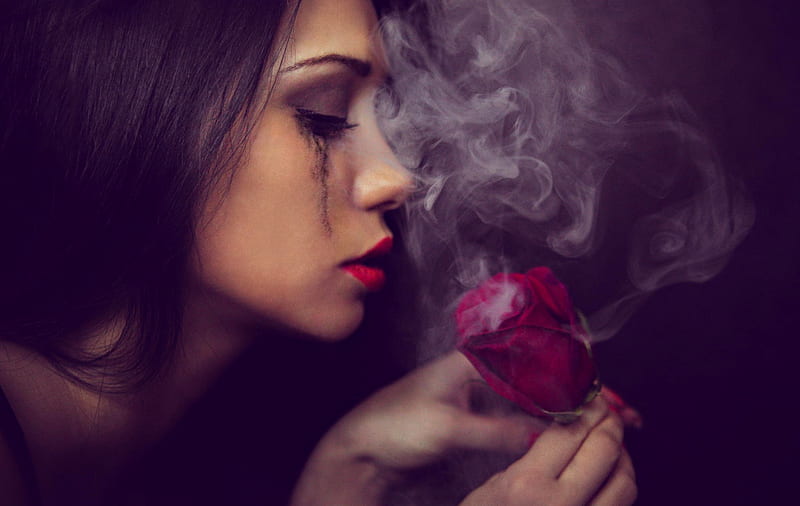 Sad Beauty, female, rose, roses, woman, lips, red rose, tears, beauty, petals, face, smoke, lady, red lips, HD wallpaper