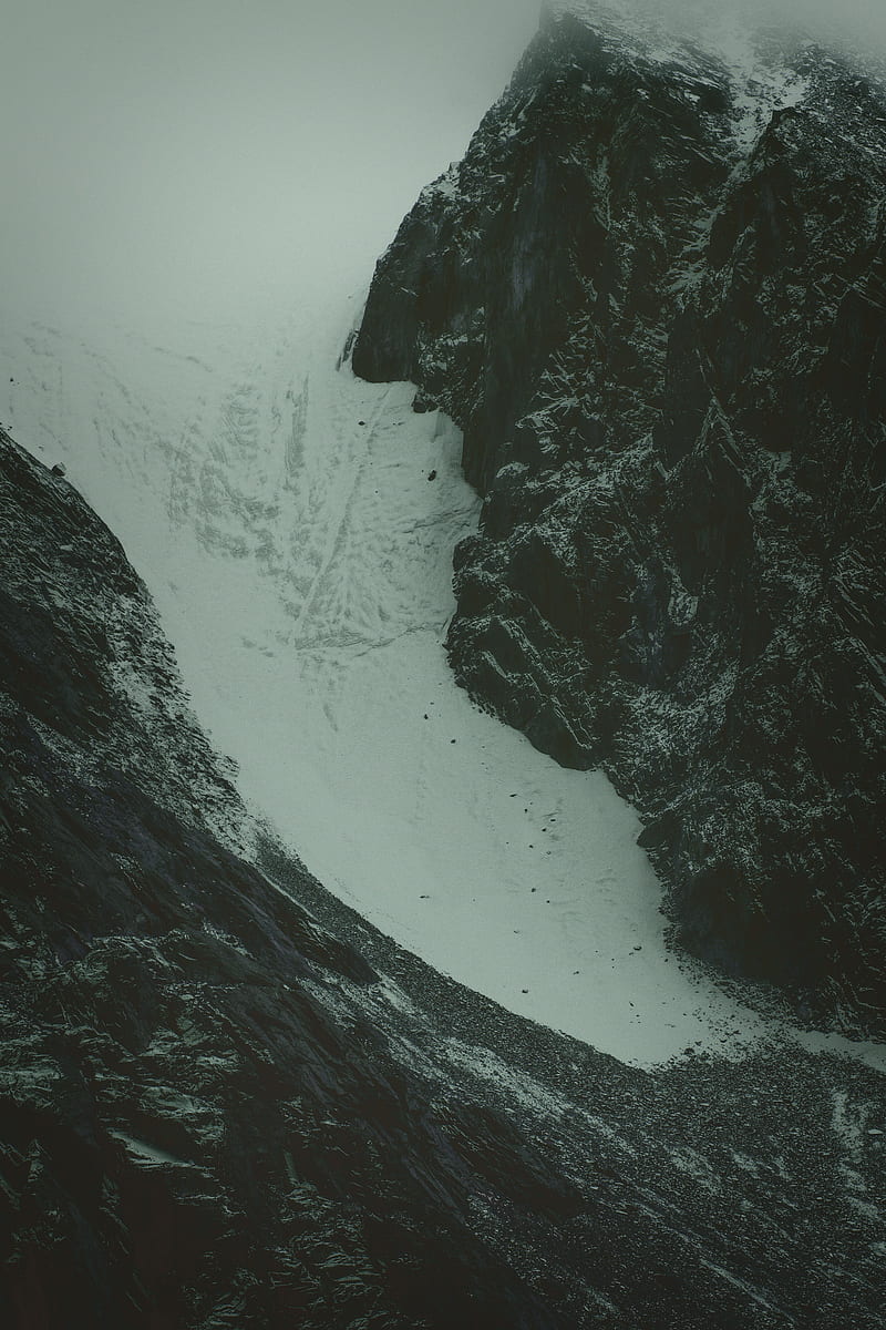 mountains, rocks, mist, snow, aerial view, top view, HD phone wallpaper